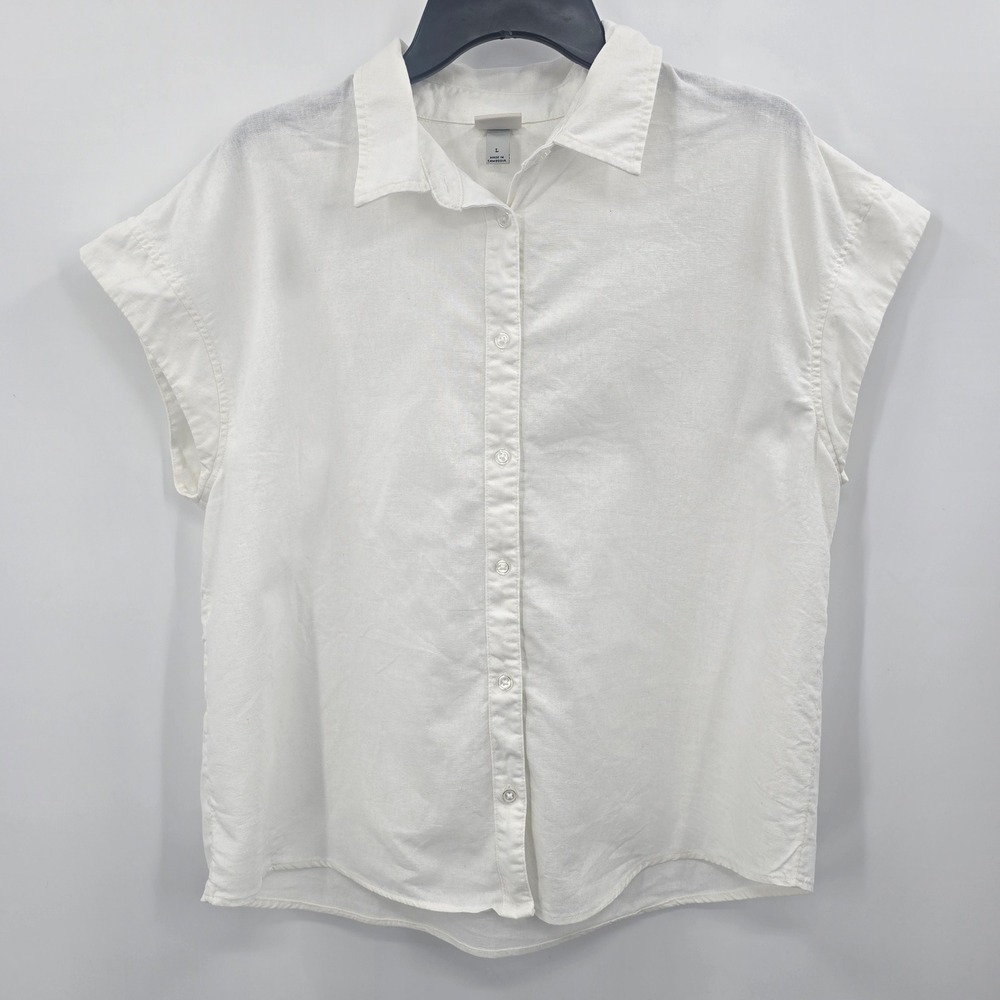 A New Day Blousr Womens L White Linen Blend Short Sleeve Button Down